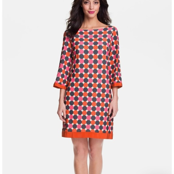 NWOT Eliza J Geo Print Jersey Shift Dress 3/4 Sleeve Exposed Back Zipper 8P - Picture 1 of 16